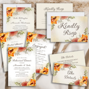Convites Laranja Queimada Floral Outono Greenery Casamento