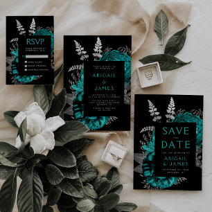 Convites Casamento de Prata Floral de Teal Floral Escuro El