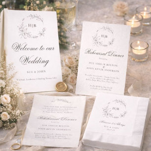 Convites Coroa Floral Clássica Monograma Sobrenome Casament