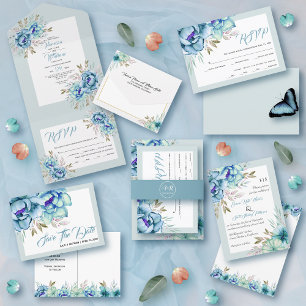 Cartão RSVP Casamento de flores verdes e azuis