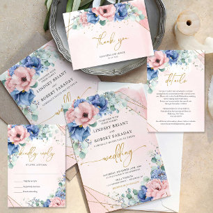 Cartão De Agradecimento Casamento de ouro azul empoeirado cor-de-rosa maci