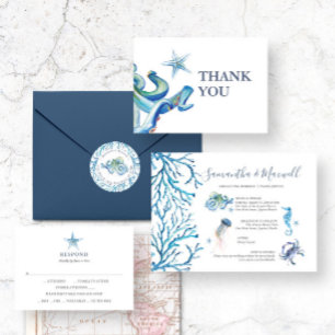 Convites Azul Aquarela De Casamento De Praia Ilustrada