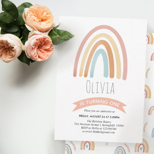 Convites Raparigas Cute Pink Boho Rainbow Floral Aniversári