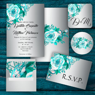 Convites Aqua Rosa e Silver Wedding
