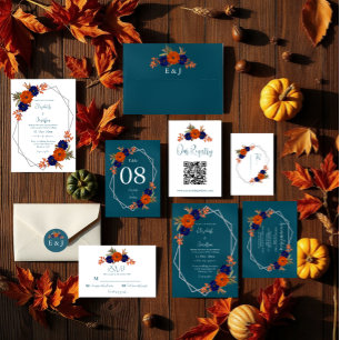 Convites Casamento Floral Azul Naval Laranja Outono Rústico