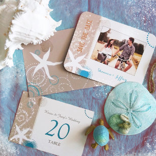 Convites Tan Ivory Teal Modern Beach Wedding