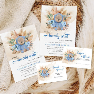 Convites Ursinho-peludo-peludo pampas flores azuis