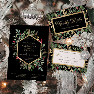 Convites Verde dourado em Preto   Casamento de Natal