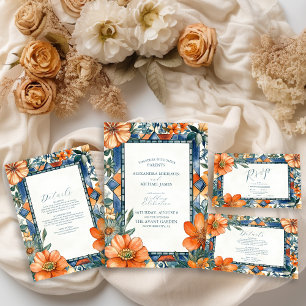 Cartão De Informações Azulejos Florais Modernos Azul e Branco