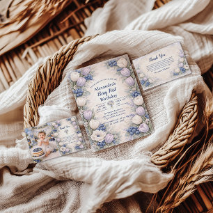 Cartão De Agradecimento Aniversário de 1 ano do Berry First Blue Floral Ga
