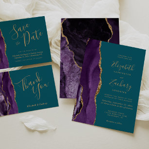 Cartão De Informações Detalhes do Casamento do Teal Agate Dourado Roxo M