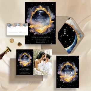 Convite para Casamento Dourado Azul Místico Celest