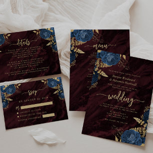 Convites Casamento Floral Burgundy Azul Naval Elegante Dour