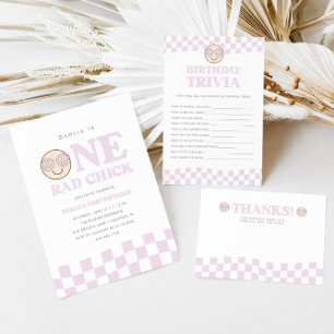 Convites Groovy Girl Checked Happy Face   PRIMEIRO ANIVERSA