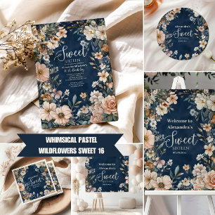 Convites Marinho Azul Pastel Flores Selvagens Doce 16