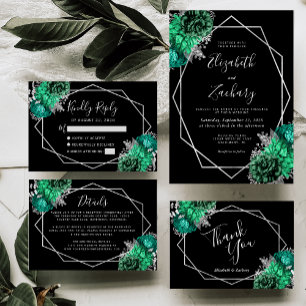 Cartão De Agradecimento Casamento Negro Floral de Prata Emerald Green