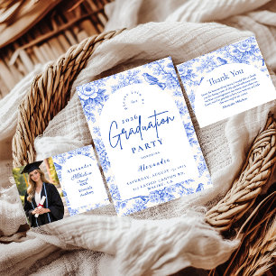 Cartão De Agradecimento Festa de Graduação Floral Azul Elegante