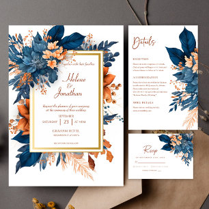 Cartão Postal De Anúncio Indigo Rust Modern Floral Casamento Salva A Data