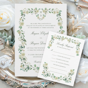 Convites Megan White Roses Greenery Casamento Cristão
