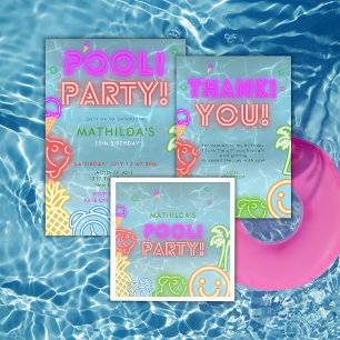 Convites Festa de Aniversário na Piscina com Neon para Toda