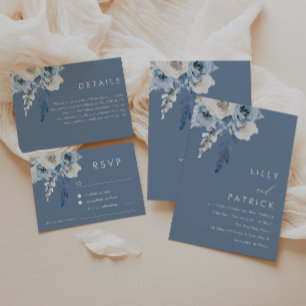 Convites Casamento de Dusty Blue & White Boho Floral Waterc