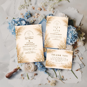 Cartão De Agradecimento Casamento Minimalista com Grama de Pampas Bege