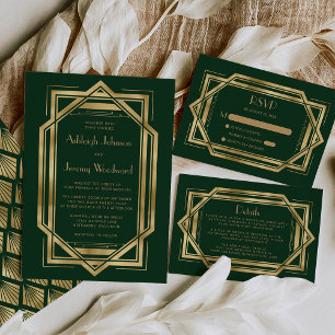 Cartão De Informações Vintage 1920 Deco Forest Dourado Wedding RSVP