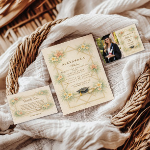 Anúncio Foto Floral Geométrico Dourado Elegante de Graduaç