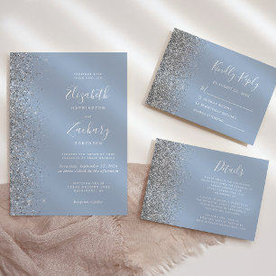 Convites Casamento de Borda Glitter Azul de Prata Moderna