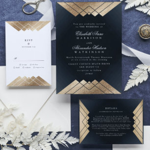Cartão RSVP Marinho Escuro Geométrico Dourado Gatsby Wedding R