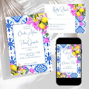 Convites Azulejos azuis Bougainvillea limões elegantes casa