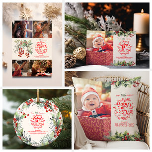 Cartão De Festividades 4 fotos do primeiro Natal do Bebê Floral Elegante