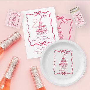 Camiseta Torre de Champanhe Rosa Desenho à Mão Aniversário 