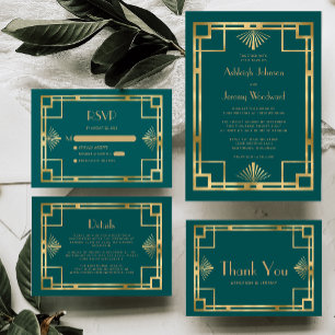 Convites Casamento Deco de Geo Vintage, Dourado Teal