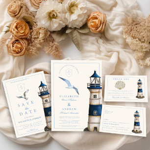 Convites Casamento de Farol Náutico Elegante de Aquarela