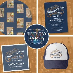 Convites Aniversário de 40 anos de uísque azul-Dourado masc