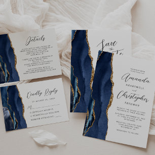 Cartão RSVP Casamento de Script Moderno Dourado Azul Agate Mar
