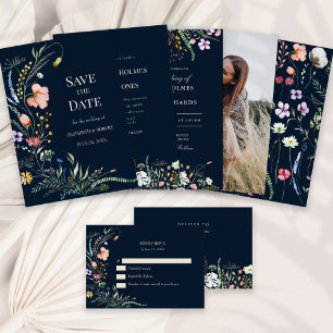 Convites Marinho Azul Boho Wildflower Invitation