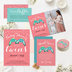 Convites Foto do Chá de fraldas Neutro de Coelhinhos Gêmeos