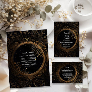 Cartão RSVP Casamento Místico Celestial Negro e Dourado