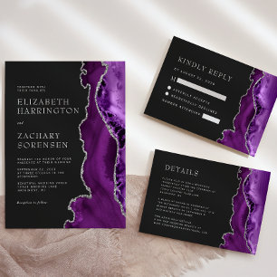 Cartão RSVP Casamento Escuro de Agato de Prata Roxo