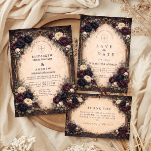 Cartão RSVP Noiva Floral de Caveira Gótica Escura