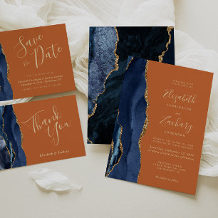 Cartão De Informações Detalhes do Casamento Laranja Azul-Dourado Agate Q