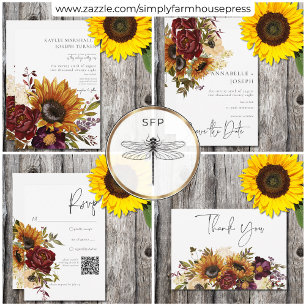 Cartão De Informações Rústico Verão Girassóis Borgonha Recepção Floral