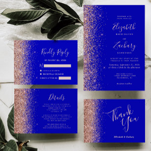 Convites Casamento de Borda Glitter Dourada com Rosa Azul R