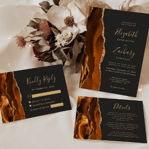 Cartão RSVP Casamento Escuro Dourado Ágata Laranja Queimada