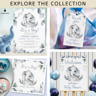 Convites Elefante Blue Boy Chá de fraldas Watercolor Greene