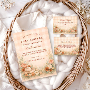 Convites Chá de Bebê Floral Western Xadrez de Pêssego