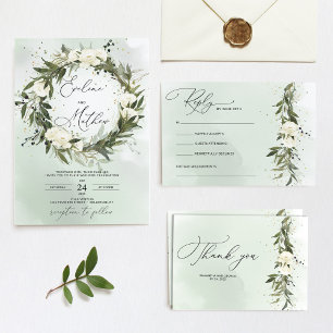 Convites Boho oliveira verde rosas brancas estrutura dourad