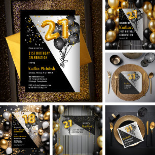 Convites Balões Negros Elegantes   Parte aniversário de 21 